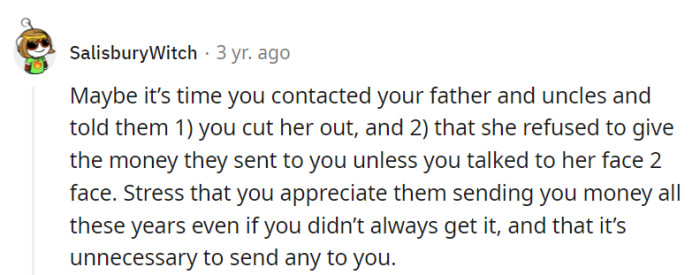 The person should phone Dad and the uncles and spill the tea: Mom's playing money roulette, and they're folding. Thanks, but no thanks for the financial gamble!