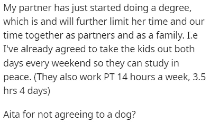 OP is now wondering if he's in the wrong for not letting his family get a dog