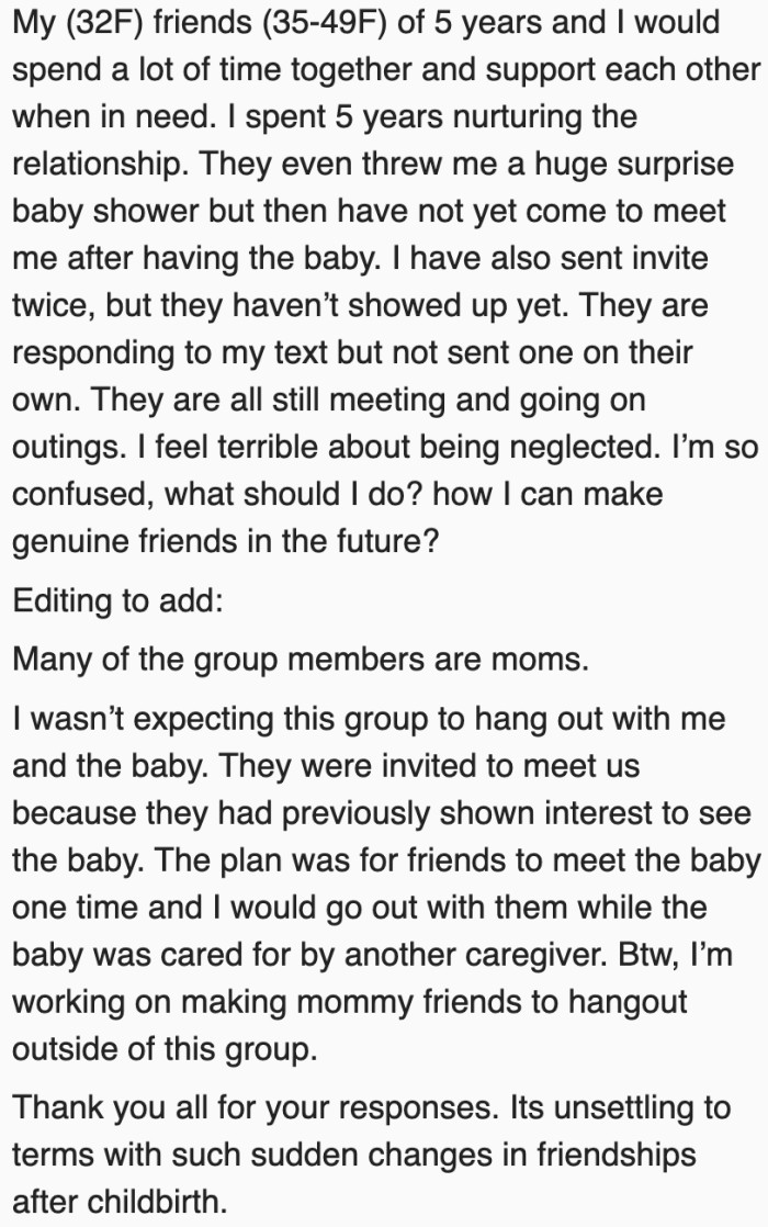 The last time her friends hung out with her was when they threw her a baby shower.