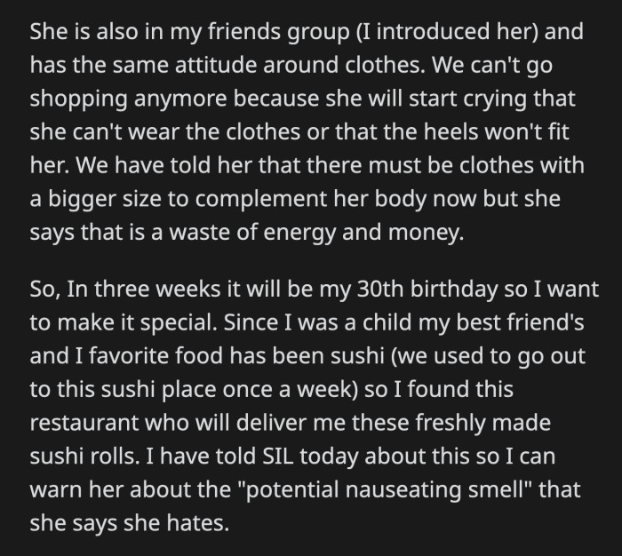 OP informed her SIL of her birthday menu to warn her in case the smell of fish triggers her nausea