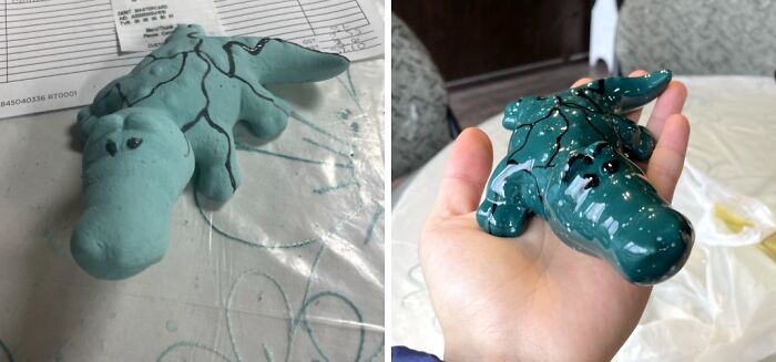 "Before And After Baking My Clay Crocodile"