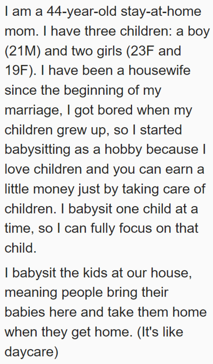 She explains her family background and how she manages her babysitting job.