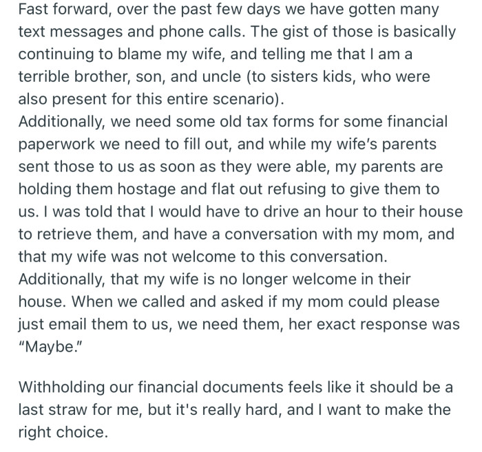OP’s parents have now resorted to withholding their financial documents until OP drives down to their house for a meeting