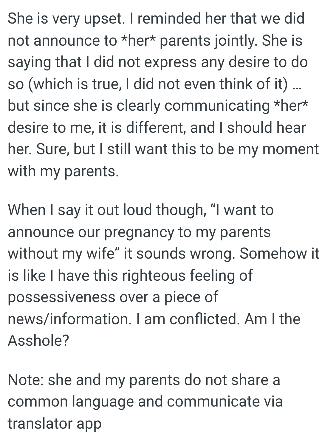 “I want to announce our pregnancy to my parents without my wife”