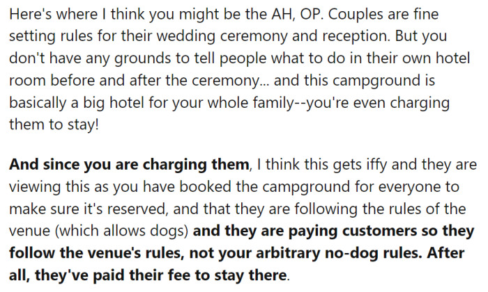 This place is basically one big hotel, and you don't have any grounds to tell people what to do in their own hotel room before and after the ceremony.