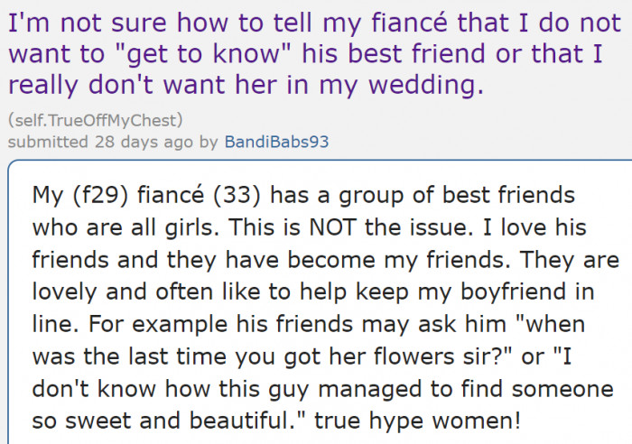 The OP has no issue with her fiancé having a lot of female friends.