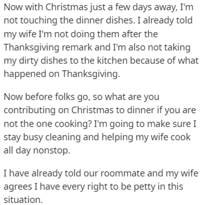 Christmas is around the corner and OP doesn't plan on doing the dinner dishes
