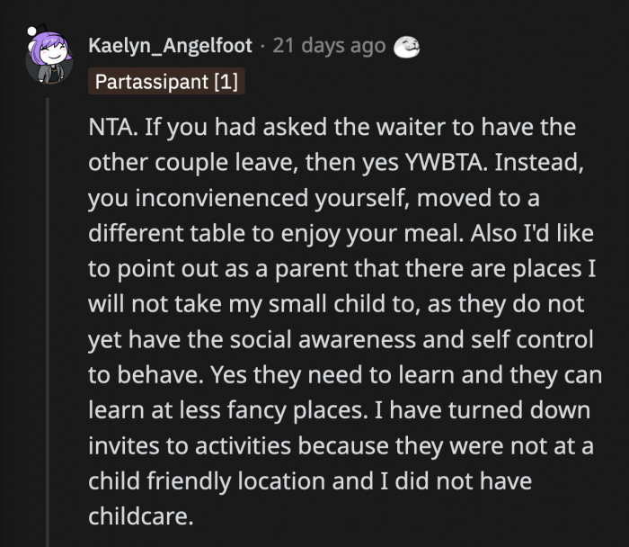 It would be an a**hole move if OP made the restaurant manager kick the family out but she didn't