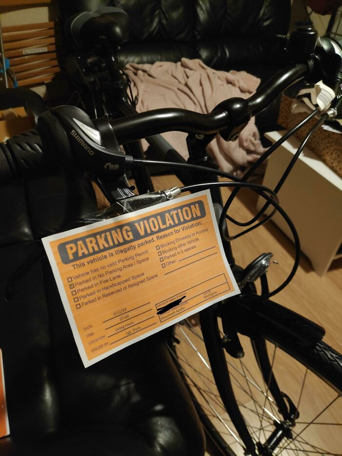 "Flatmate Bought A New Bike And It's Been In Our Living Room Preventing Us From Using The Sofa For 3 Days. I Figured Humour Was A Suitable Approach."
