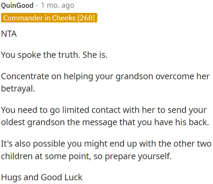 OP needs to focus on supporting her grandson and consider limiting contact to show she is on his side.