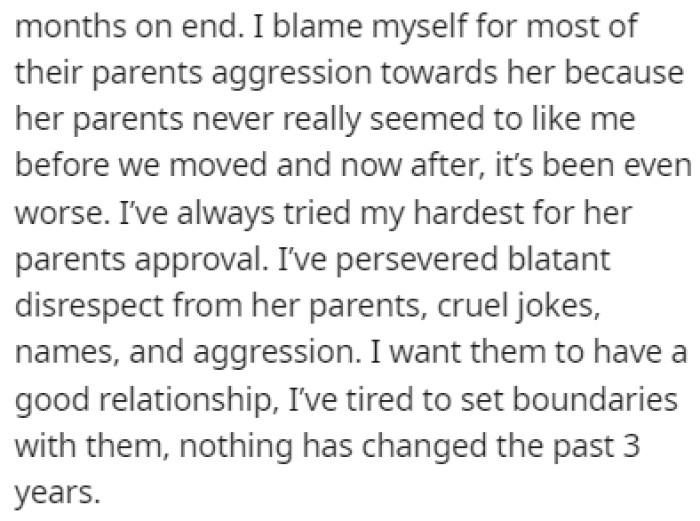 OP blames himself for their relationship because the girlfriend's parents were never supportive of him