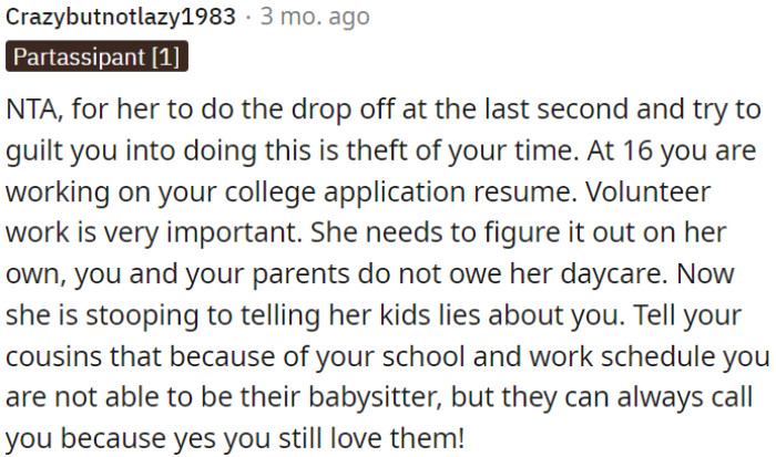 She must solve her daycare issue herself; OP is not obligated.