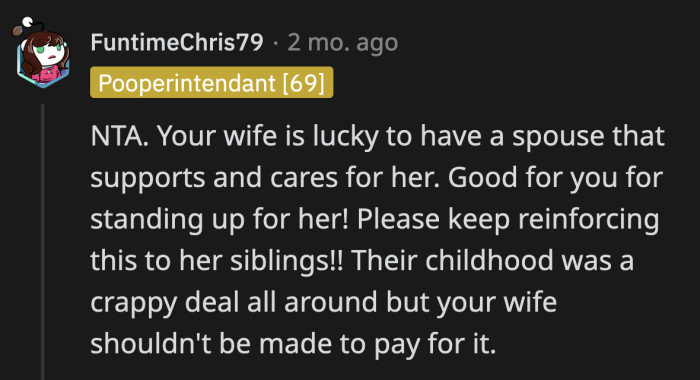 It's safe to say that they are not done guilting OP's wife after they punished her for what OP said in her defense