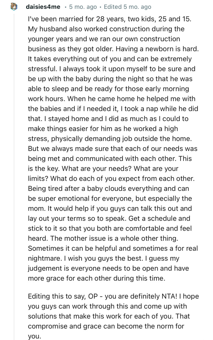 “Get a schedule and stick to it so that you both are comfortable and feel heard.”