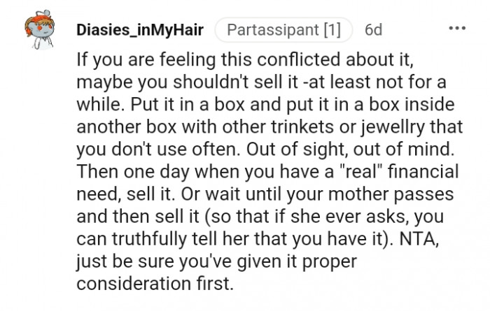 This Redditor is asking the OP to wait until her mother passes before selling the ring