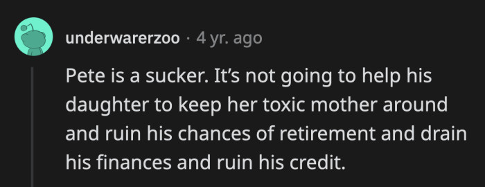 At this point, I don't see Pete ever retiring. He has no savings to fall back on. His credit was trashed. It's unlikely that Selma will ever be independent.