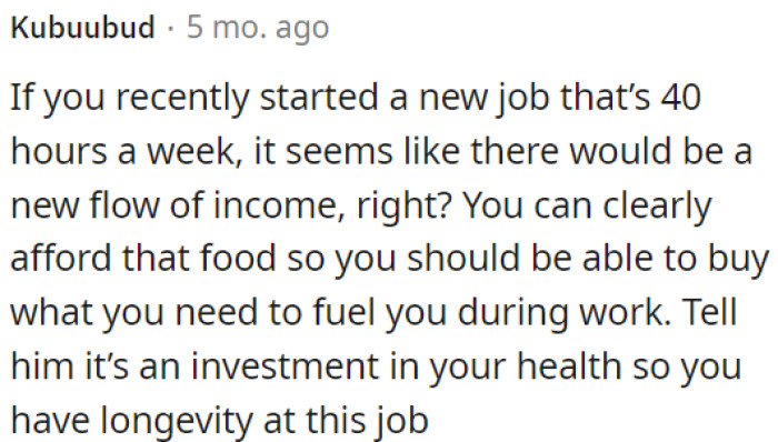 OP can buy the food she needs for work and mention it's an investment in her health for job longevity.