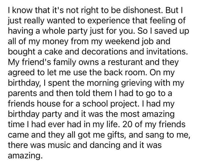 OP saved up enough money to throw her own party and lied to her parents about it.
