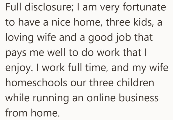 He starts by showing gratitude for their home, kids, and careers, setting the stage for why this tension feels so heavy.