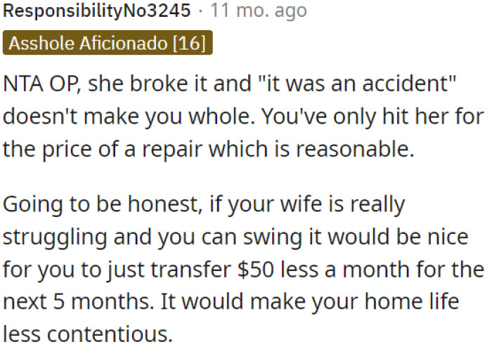 She accidentally broke it, and it's fair that she covers the repair cost.