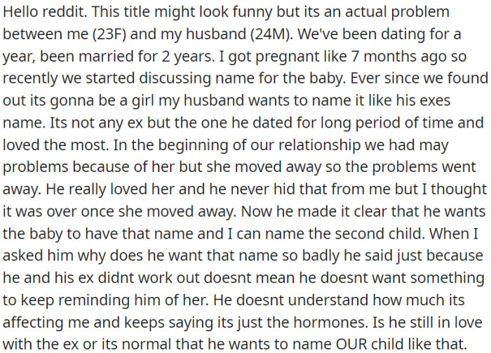 OP's husband wants to name their baby girl after his ex-girlfriend