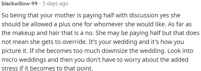 Mother should not have the final say on crucial aspects like hair and makeup