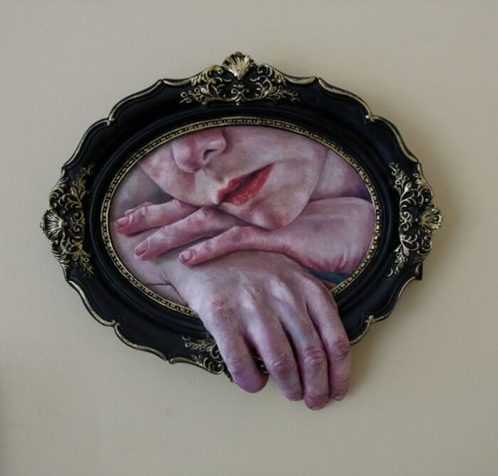 "Oil on panel with epoxy sculpture."