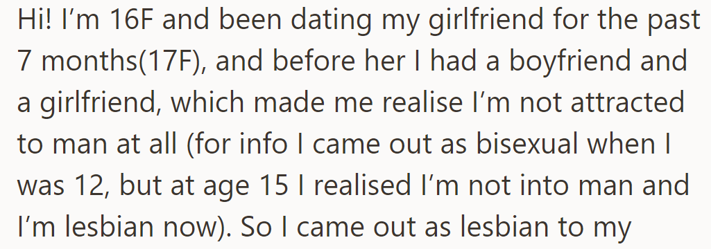 OP's dating her girlfriend for 7 months. After dating a boyfriend and another girlfriend, she realized she was a lesbian.