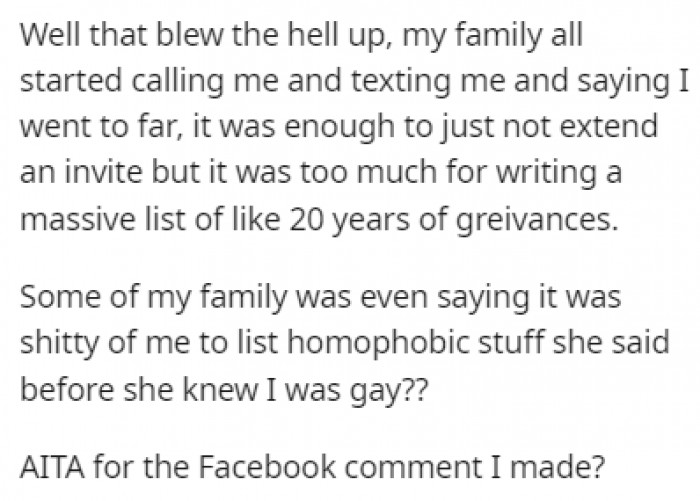 Plenty of OP's family members contacted her to tell her that she went too far