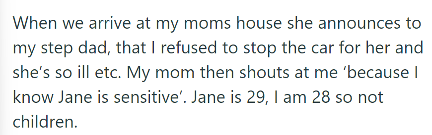 At mom's, Jane complains; mom scolds.