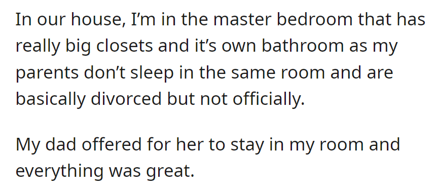 OP's in the master bedroom while parents live separately. Dad suggested the cousin stay in OP's room.