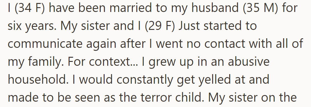 OP has been married for 6 years and is reconnecting with her estranged sister after leaving an abusive family.
