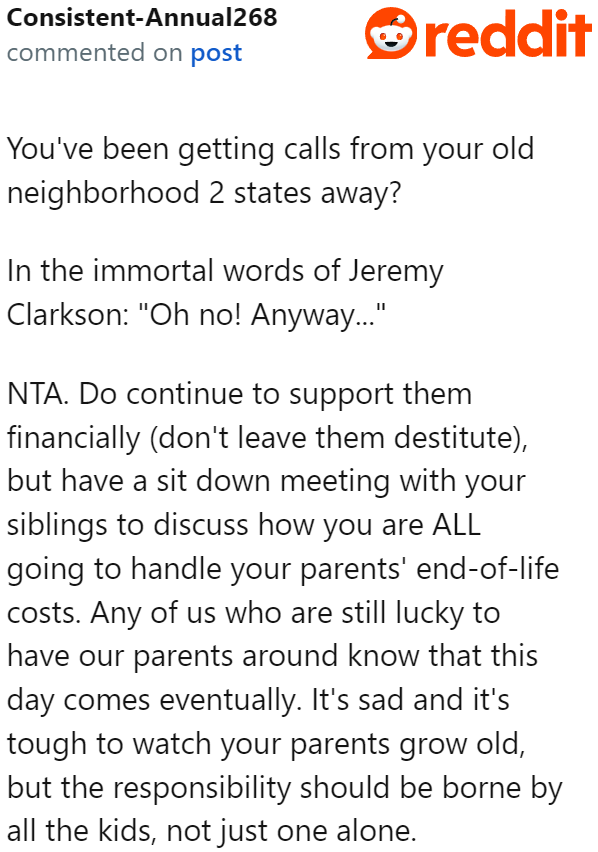 The responsibility toward the parents should be shared among all children.