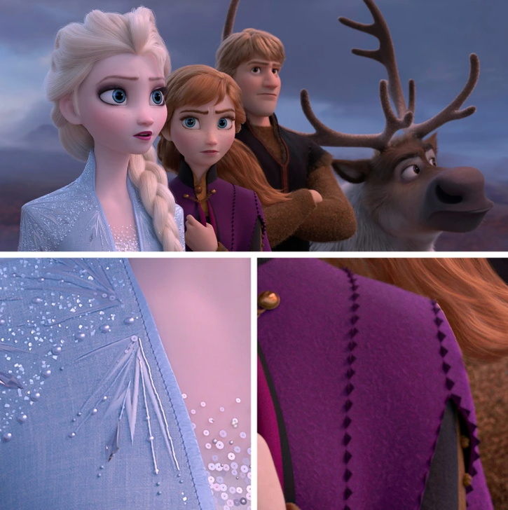 2. In Frozen II, every intricate detail, stitch, and texture of the clothing is visible.