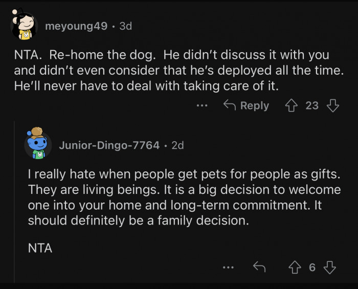 Pets are living beings, not something to be gifted.