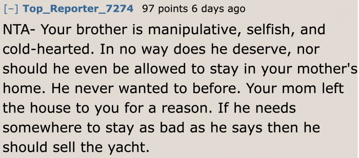 Redditors agree that the brother should do something about the yacht.