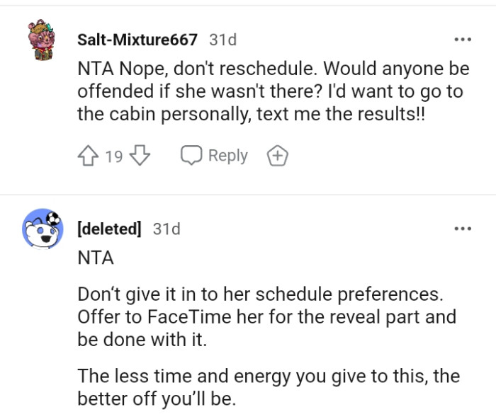 The OP is offering to FaceTime her for the reveal part and be done with it