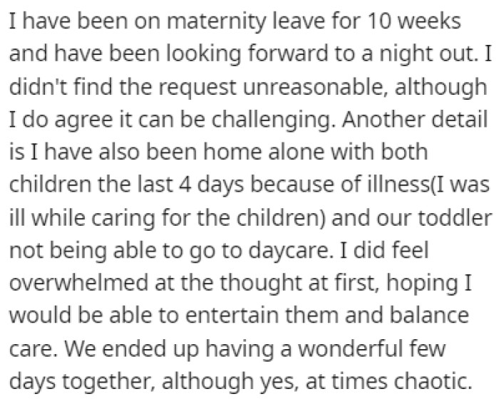 OP Is on Maternity Leave and They've Been Looking Forward to a Night Out
