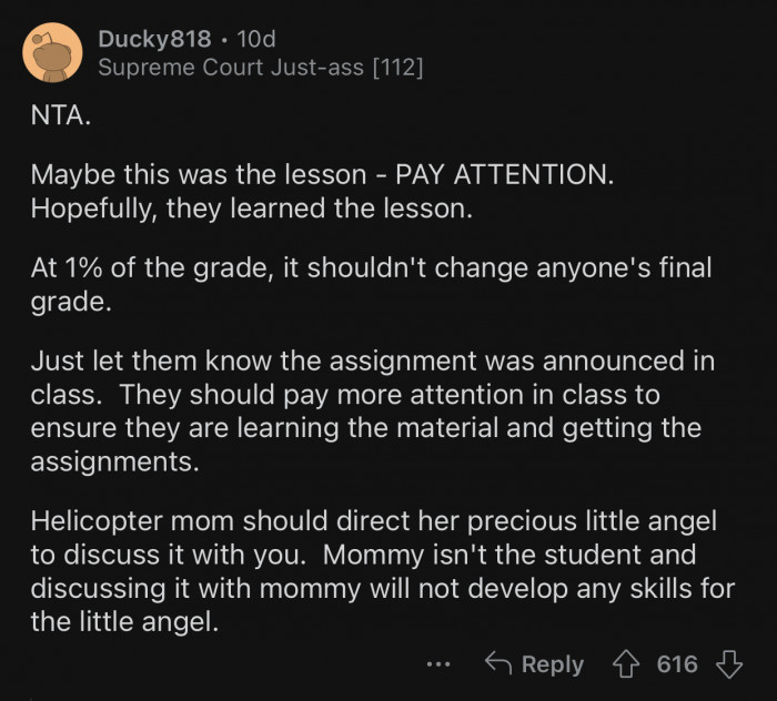 Helicopter mom should leave OP alone.