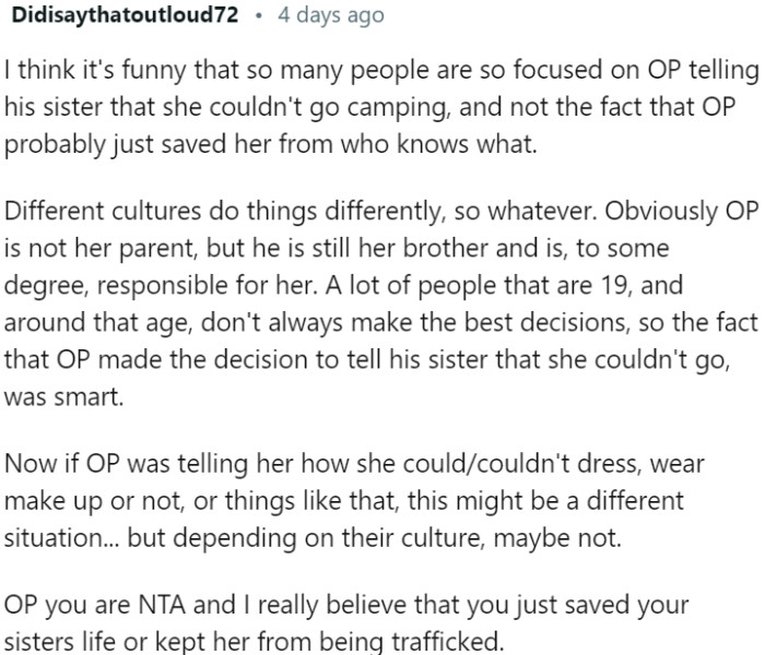 OP's Decision to Prevent His Sister from Going Camping Was a Smart Move, Considering the Potential Risks Involved