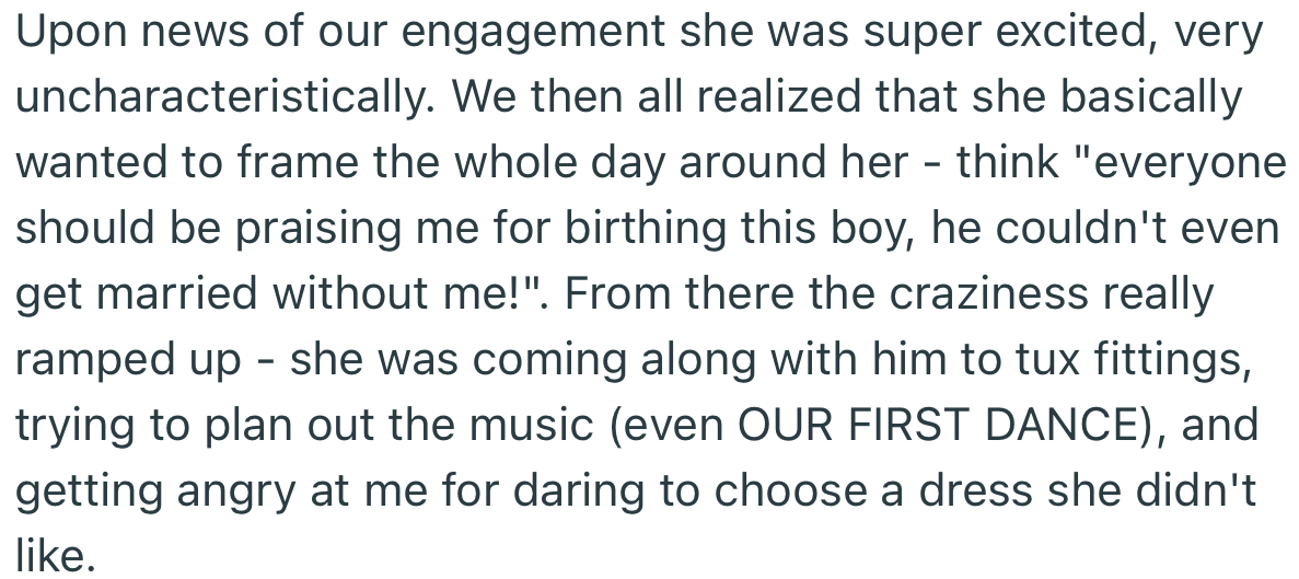 OP’s fiancé’s mom was intruding on their wedding plans and trying to center everything around herself