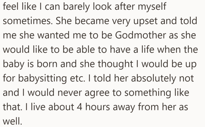 The tone shifts as the conversation moves from hurt feelings to clear assumptions about babysitting and availability.