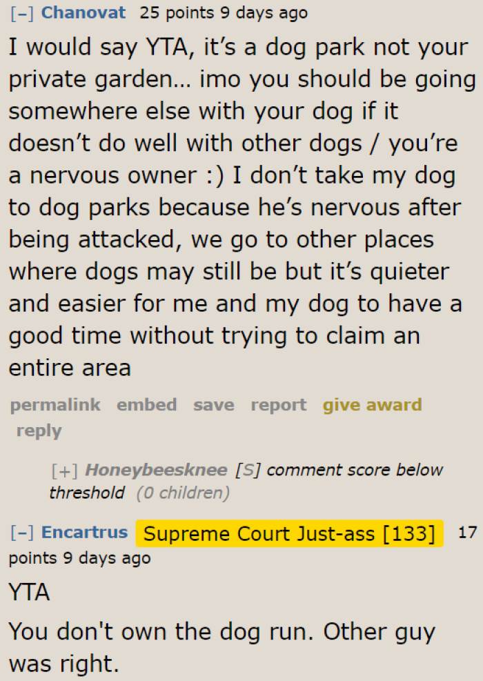The community took the side of the guy and told her off for bringing her nervous dog to the dog park.