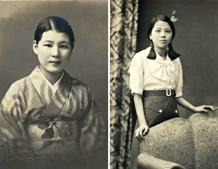 A Japanese woman in the 1930s, shown wearing traditional attire alongside Western fashion, capturing a moment when old customs met modern influence.