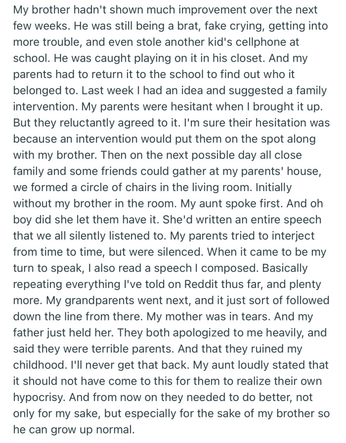 OP suggested a family intervention in order to help their brother do some self-reflection. However, this put their parents in the spotlight for not raising their child properly