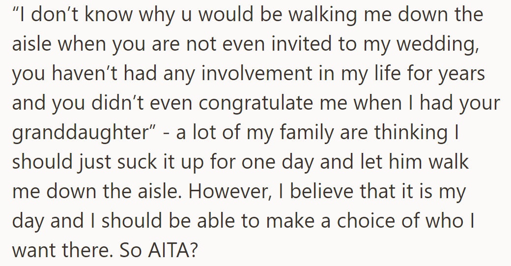 She texted him, questioning why he expects to walk her down the aisle despite his lack of involvement in her life.