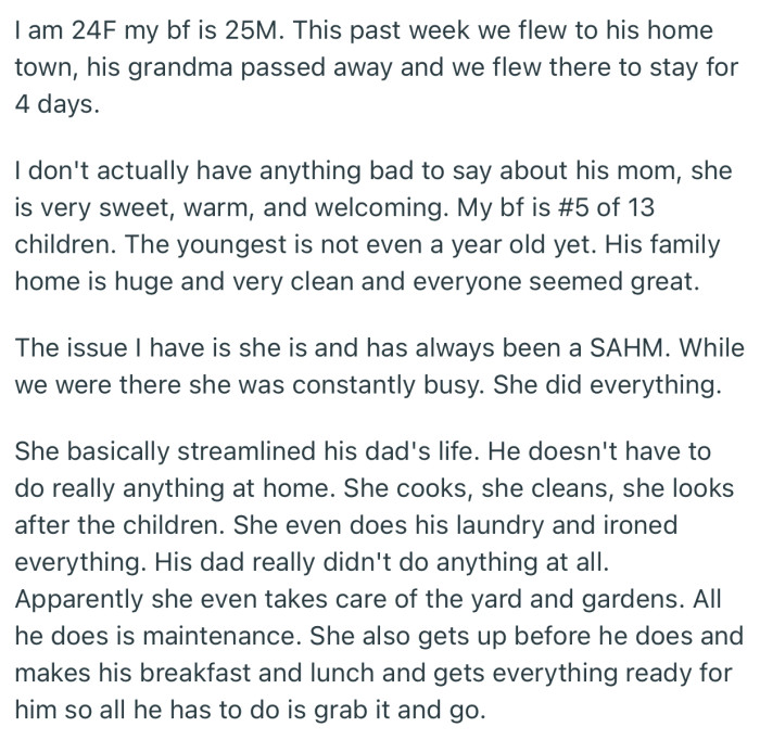 When she arrived at her boyfriend’s family home, she realized his mom was basically the engine of the entire home. Nothing functions without her
