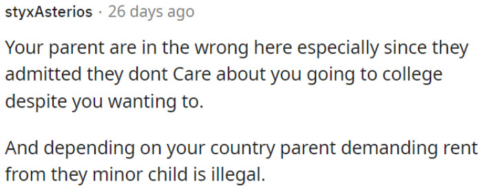 It's potentially illegal to demand rent from a minor child.