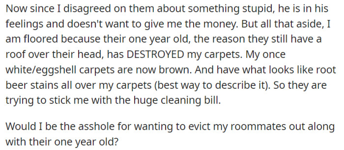 OP is now having a disagreement with his roommates, and they want him to cover the cleaning bill for their one-year-old's damage to his carpets.
