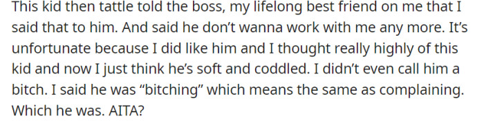 The driver tattled to the boss about OP's comment, causing a rift in their relationship, as the older worker questioned if he was in the wrong for using the term 
